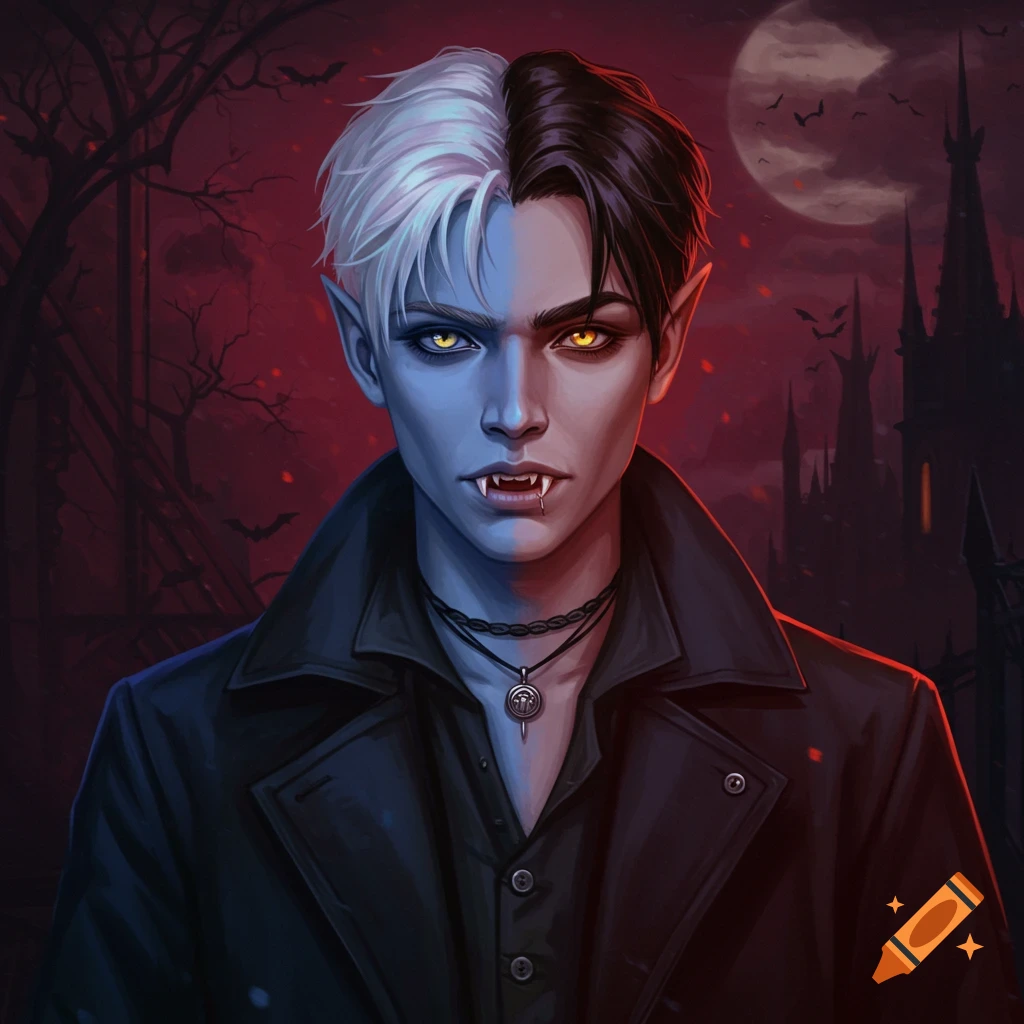 A male vampire with half white and half black hair, blue-grey skin, glowing yellow eyes, and fangs, in a dark, gothic setting with a full moon.