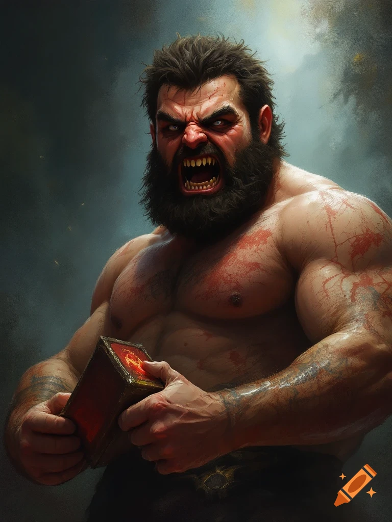 A muscular, bearded man with sharp teeth roars while holding a glowing red book against a dark background.
