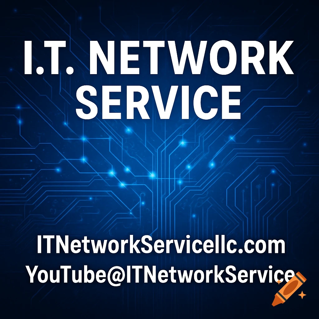 A blue background with circuit board lines and glowing nodes, featuring white text that reads "I.T. Network Service", "ITNetworkServicellc.com", and "YouTube@ITNetworkService".