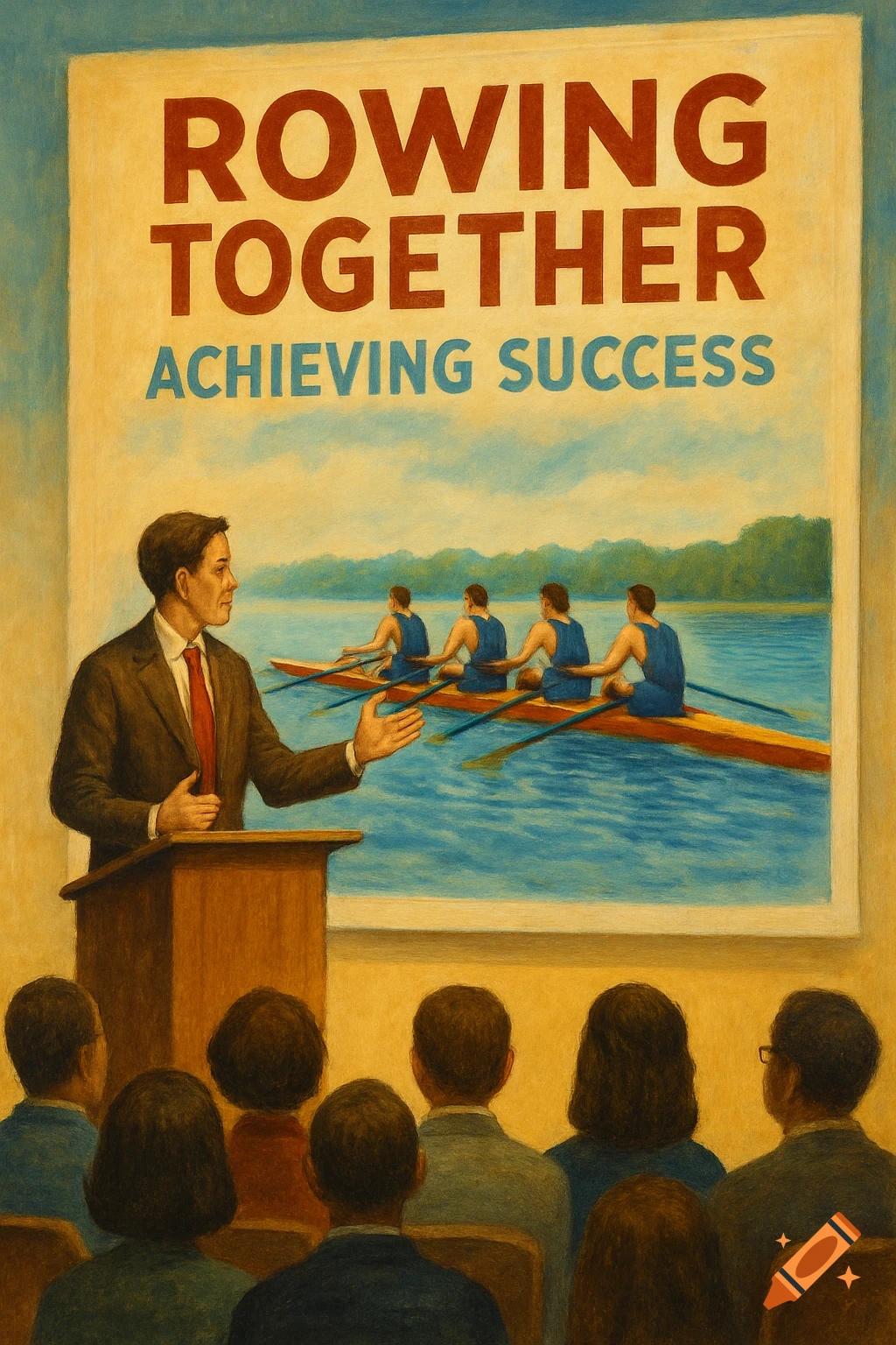 A man speaks at a podium to an audience in a painterly style image. Behind him, a poster reads 'ROWING TOGETHER ACHIEVING SUCCESS' above a scene of rowers on a lake.