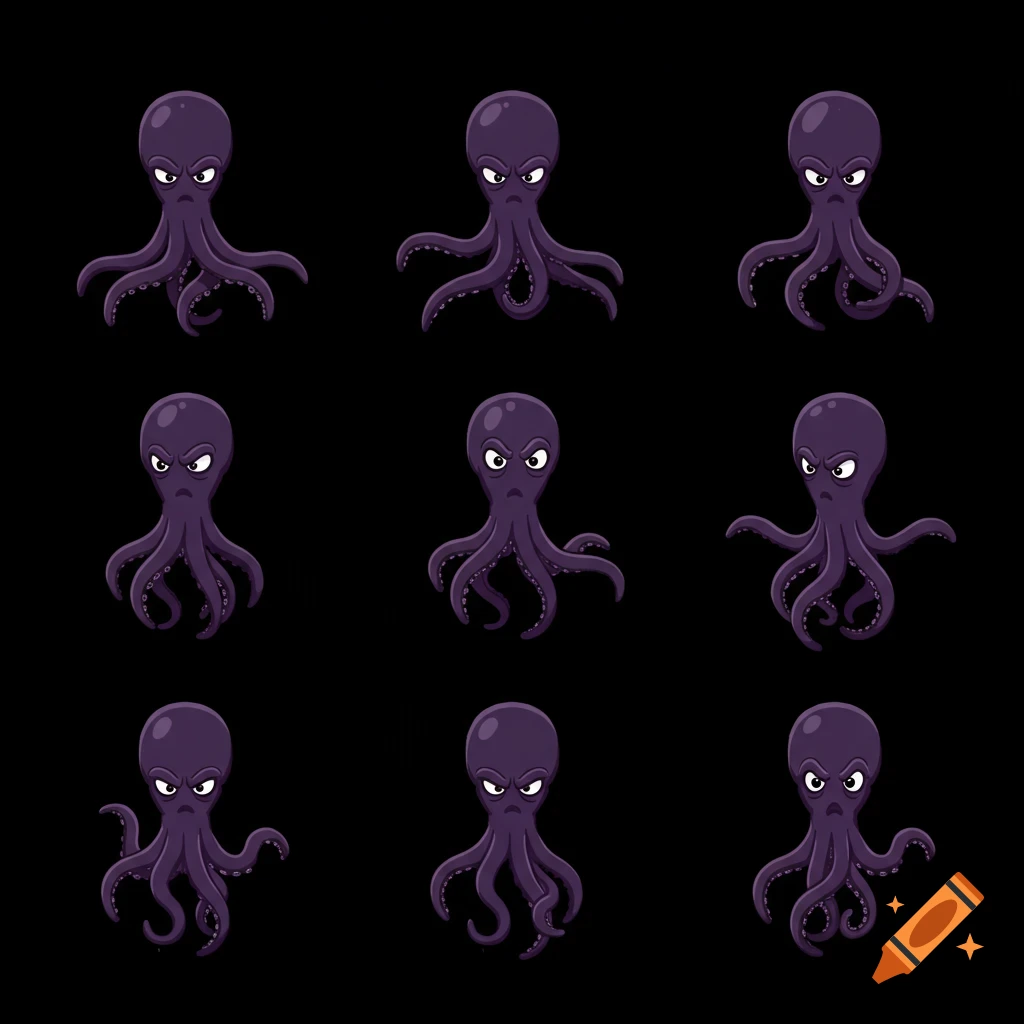 A grid of nine purple cartoon octopuses with angry expressions.