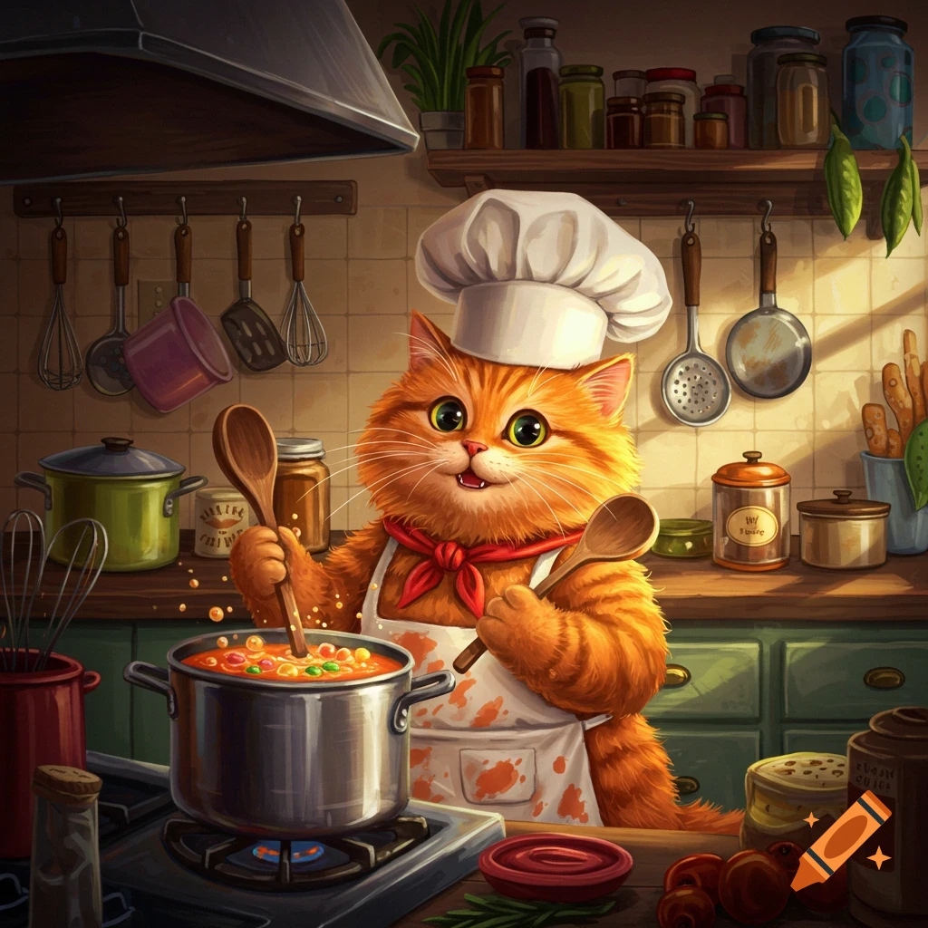 A fluffy orange chef cat in a white toque and red bandana stirs a pot of soup on a stove in a cozy kitchen.
