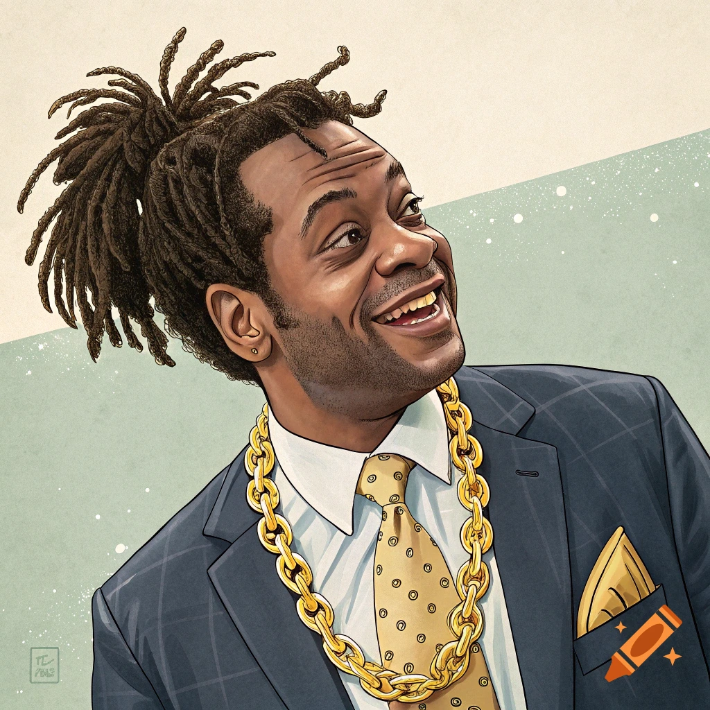 Illustration of a smiling man with dreadlocks tied up, wearing a dark blue suit, gold tie, and a large gold chain.