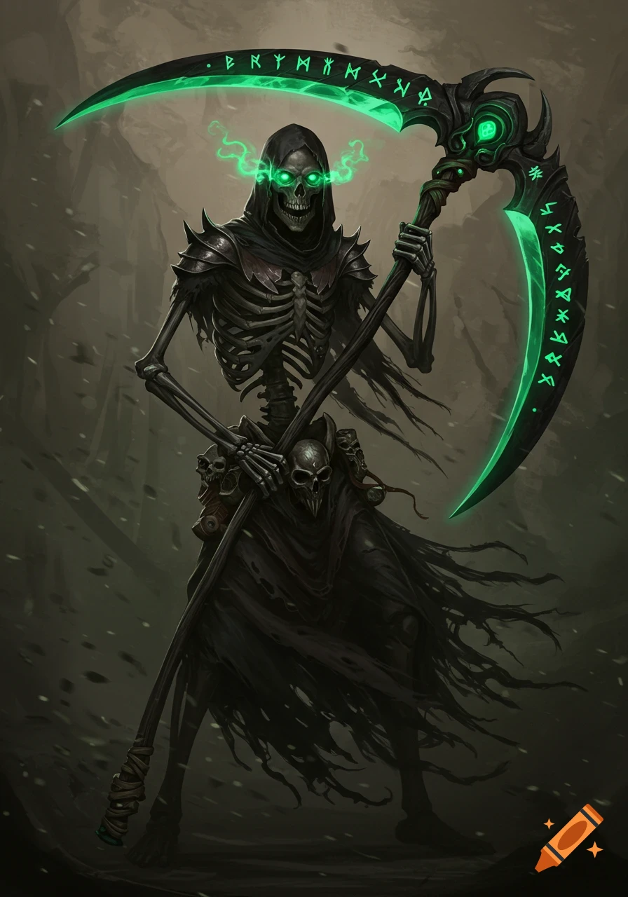 A skeleton in a black cloak with glowing green eyes and armor, holding a large scythe with glowing green runes.