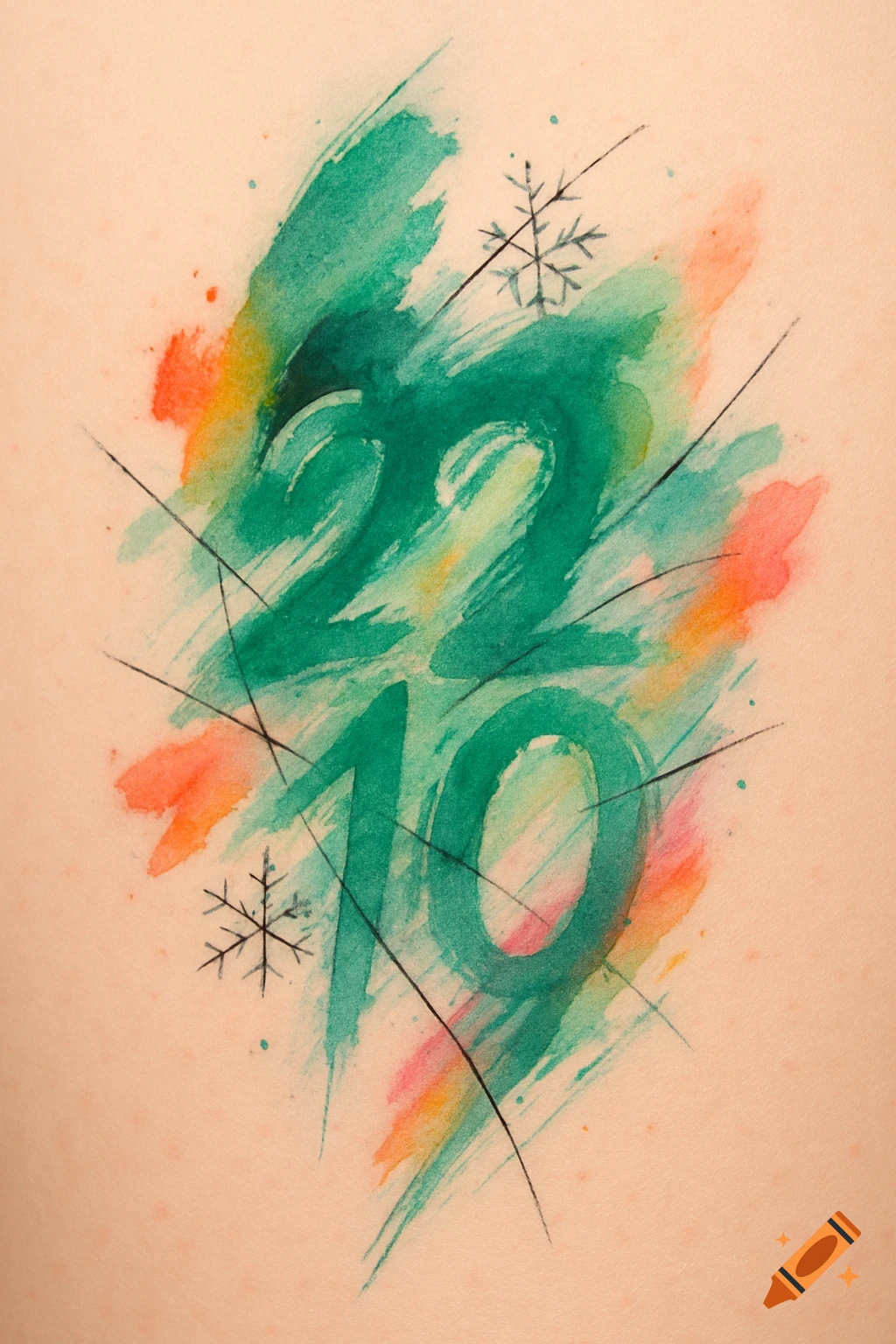 Abstract watercolor tattoo with green numbers 22 and 10, black lines, and colorful brushstrokes on skin.