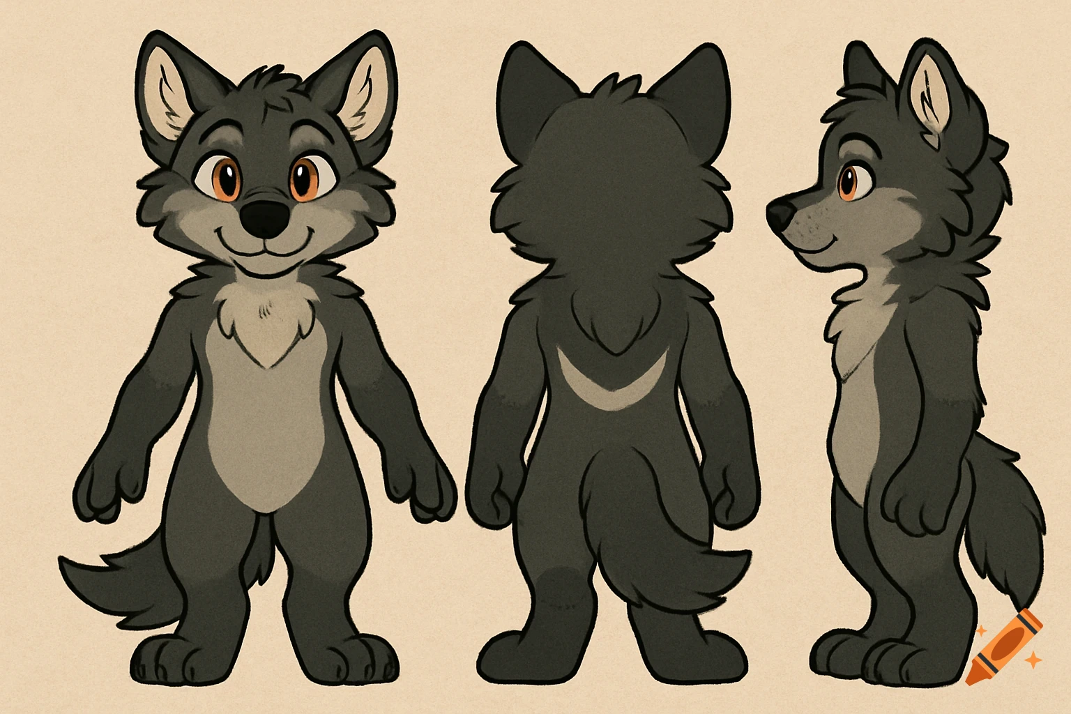 A gray wolf pup character in anthropomorphic furry style, shown from the front, back, and side as a character reference sheet.