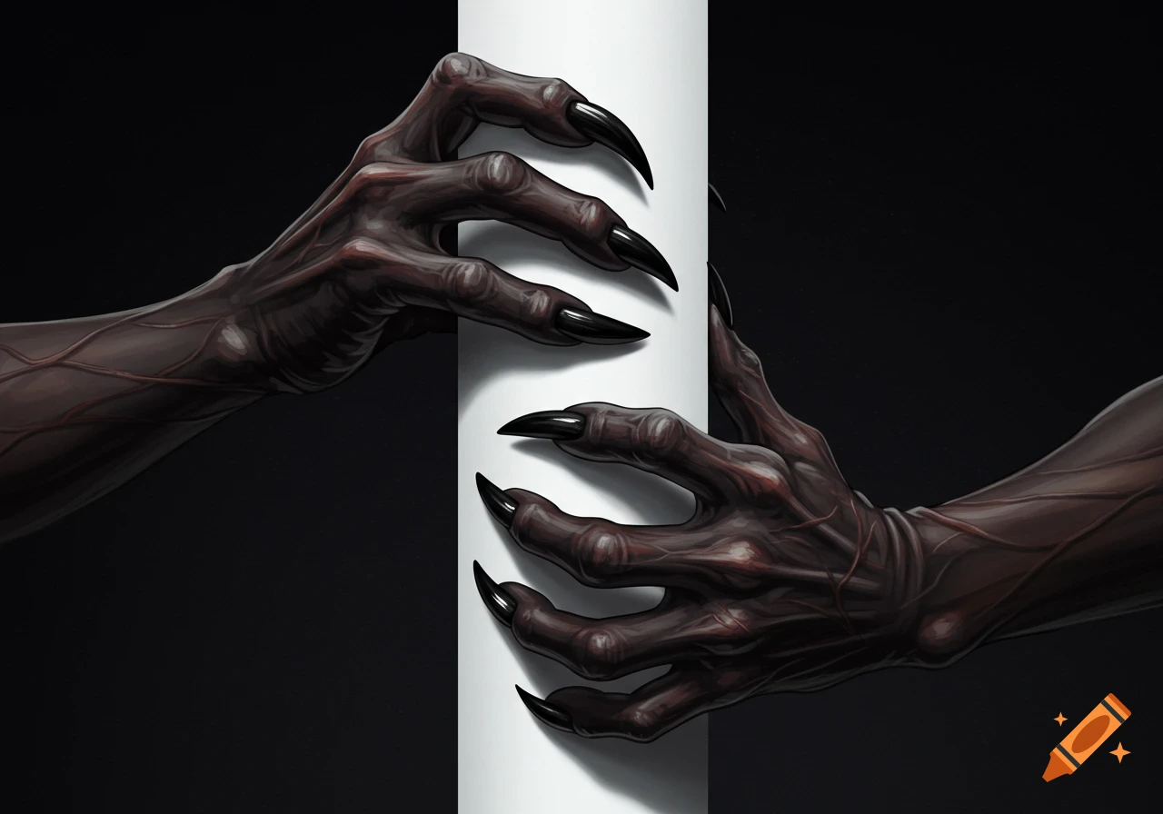 Two dark, clawed demon hands with prominent veins gripping a white cylinder against a black background in a detailed, illustrative style.