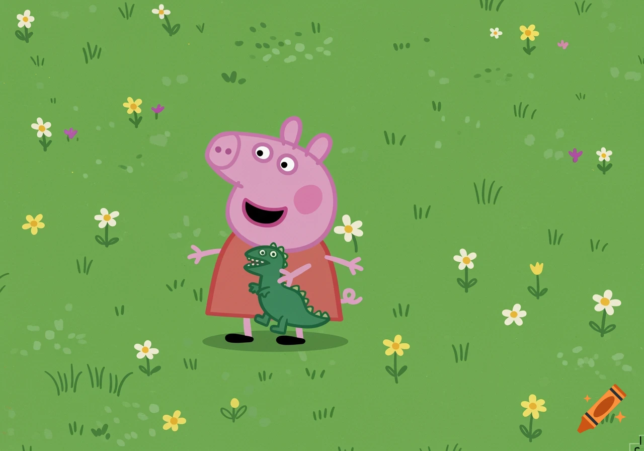 Peppa Pig and George Pig as a green dinosaur stand in a grassy field with small colorful flowers, in a cartoon style.