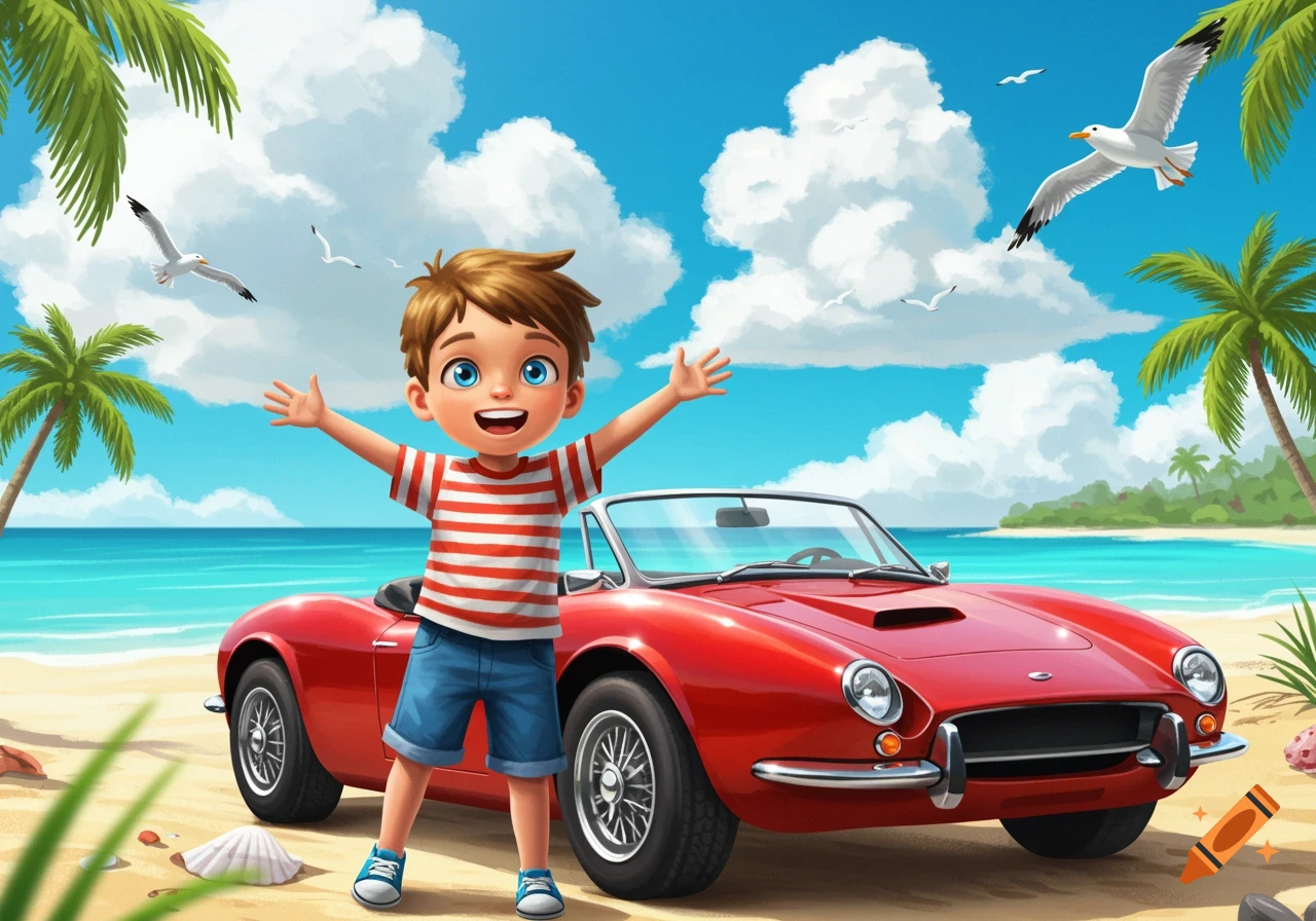 A happy cartoon boy stands on a sandy beach next to a red convertible car, with palm trees, blue ocean, and seagulls under a sunny sky.