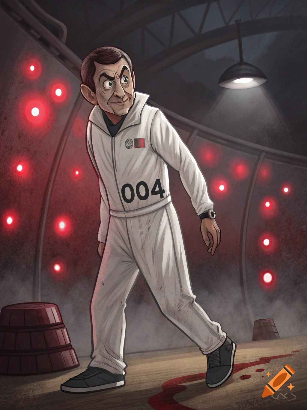 A cartoon illustration of Mr. Bean as player 004 in a white tracksuit, in a dimly lit arena with red lights and blood on the floor.