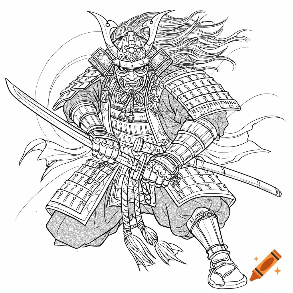 A stylized line art drawing of a samurai in traditional armor and a fierce mask, holding a katana sword ready to strike.