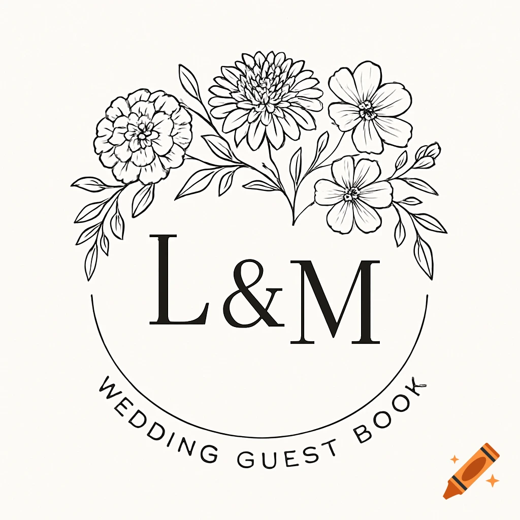 Minimalist line art wedding guest book logo with initials L&M framed by a floral wreath and text "WEDDING GUEST BOOK".
