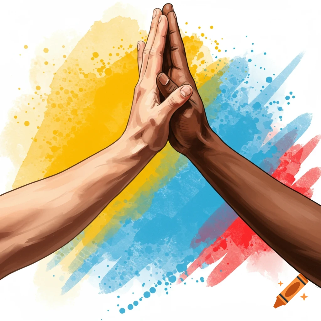 Illustration of two hands with different skin tones high-fiving against a vibrant watercolor splash background.