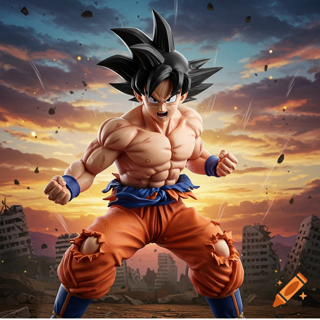 Goku from Dragon Ball Z stands powerfully amidst a destroyed city at sunset.
