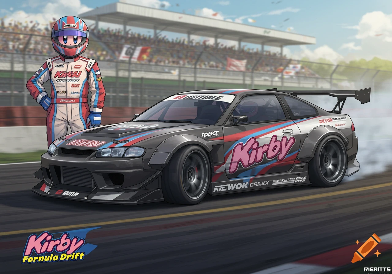 An anime-style image of Kirby in a racing suit standing next to a grey drift car with pink and blue stripes on a racetrack.