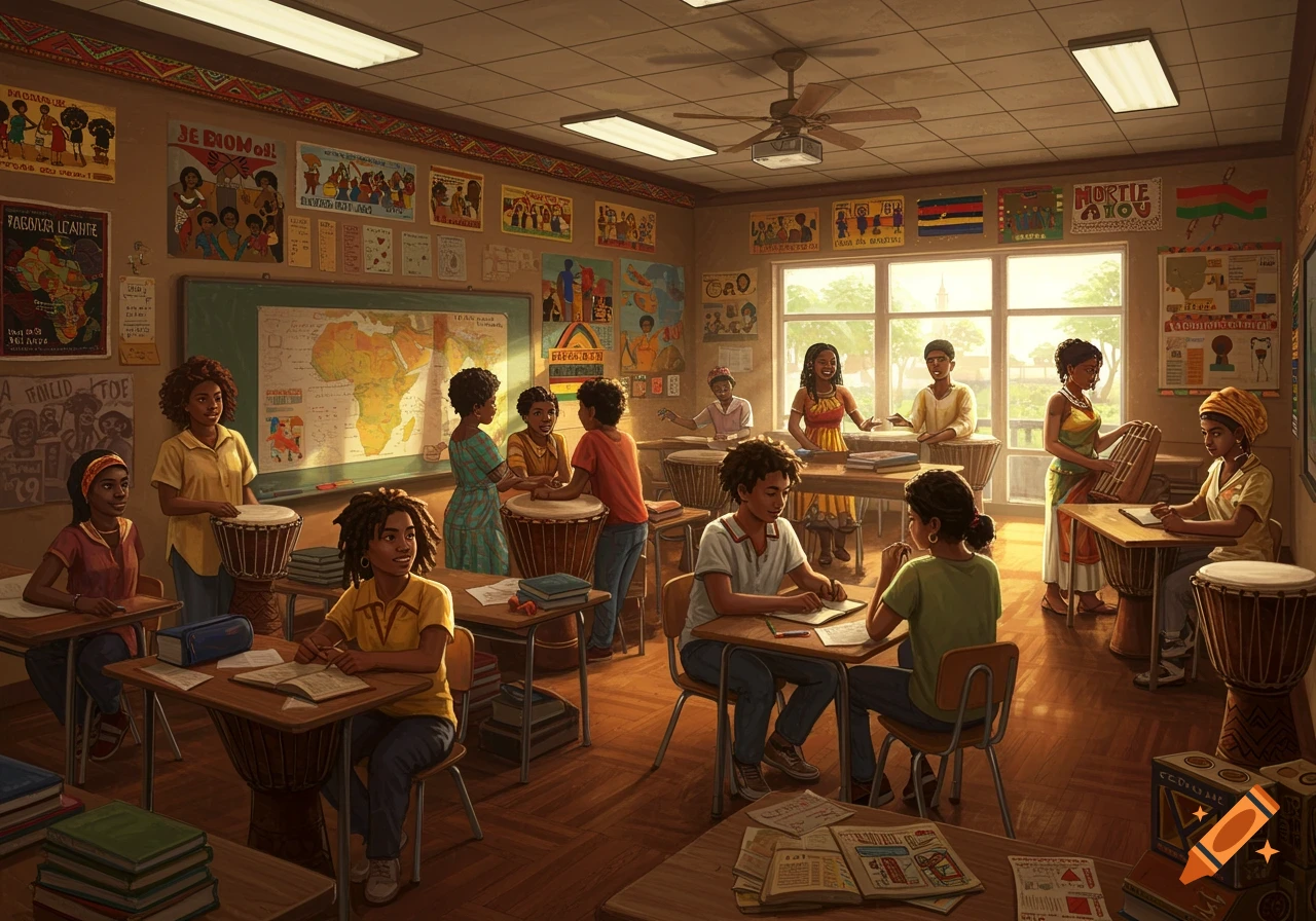 An Afrocentric classroom with students learning, some playing drums, others at desks, and cultural posters on the walls.