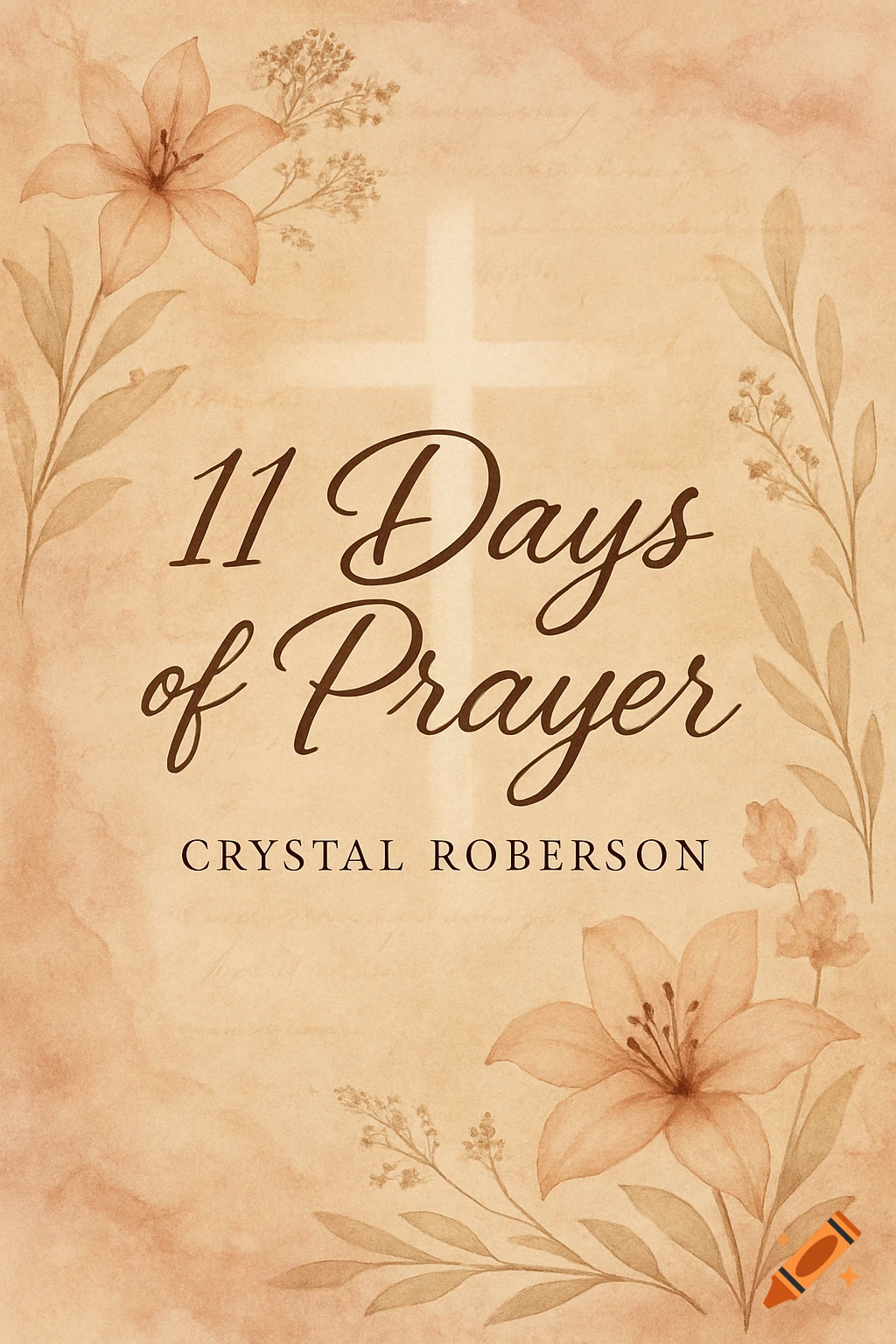 Vintage watercolor journal cover with lilies, leaves, and a faint cross. Text reads '11 Days of Prayer Crystal Roberson' on a parchment background.