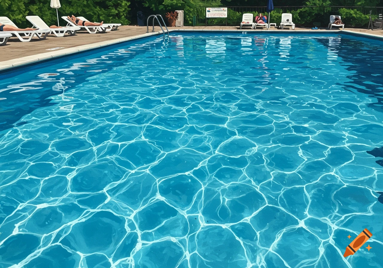 A clear blue swimming pool with water ripples, surrounded by lounge chairs with people relaxing under green trees.