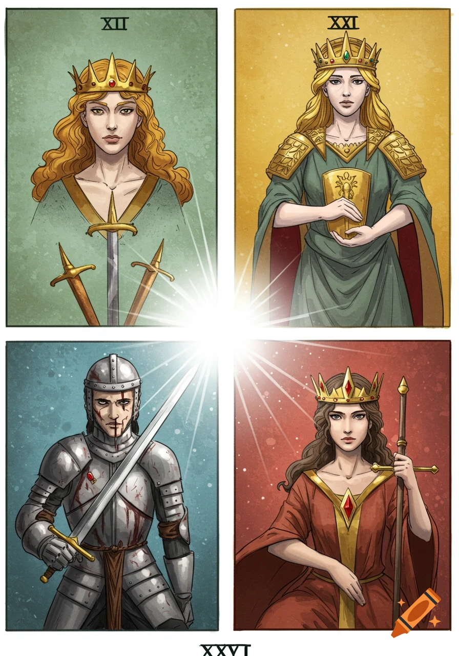 Four stylized tarot-like cards. Top left features a woman in a crown with three swords. Top right shows a woman in a crown holding a golden chalice. Bottom left depicts a knight in armor with blood on his face and armor, holding a sword. Bottom right shows a woman in a red dress with a crown, holding a staff-like sword. A bright light radiates from the center where the four cards meet.
