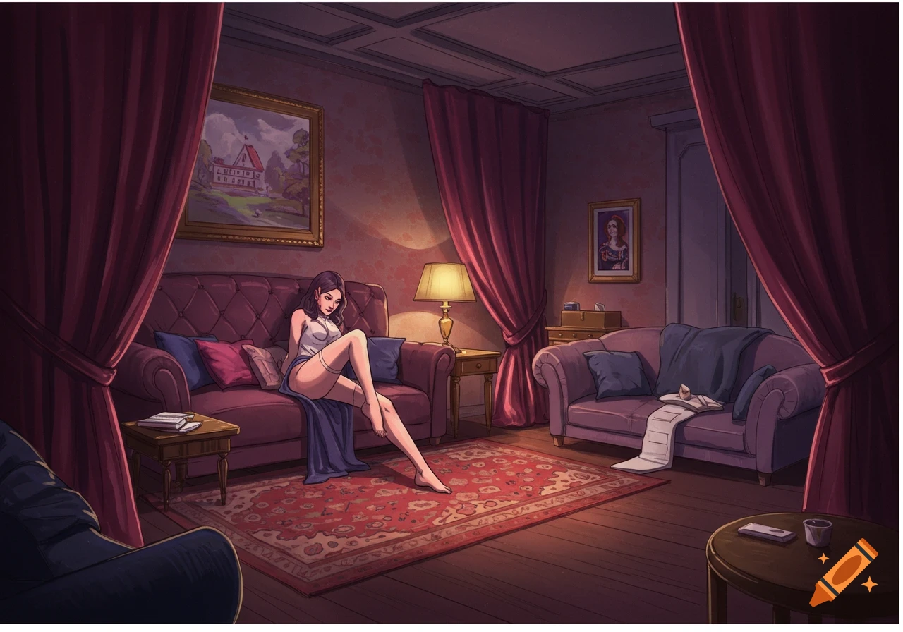 An illustrated woman sits on a purple tufted sofa in a dimly lit room with red drapes, in a coquette style.