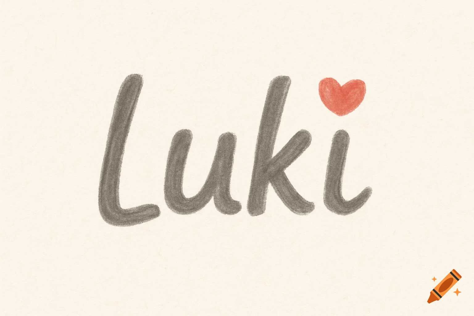 The handwritten word 'Luki' in dark gray with a red heart replacing the dot of the 'i', against a beige textured background.