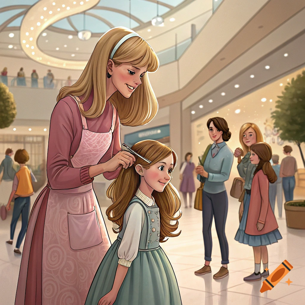 Cartoon illustration of a woman styling a young girl's hair in a brightly lit shopping mall.