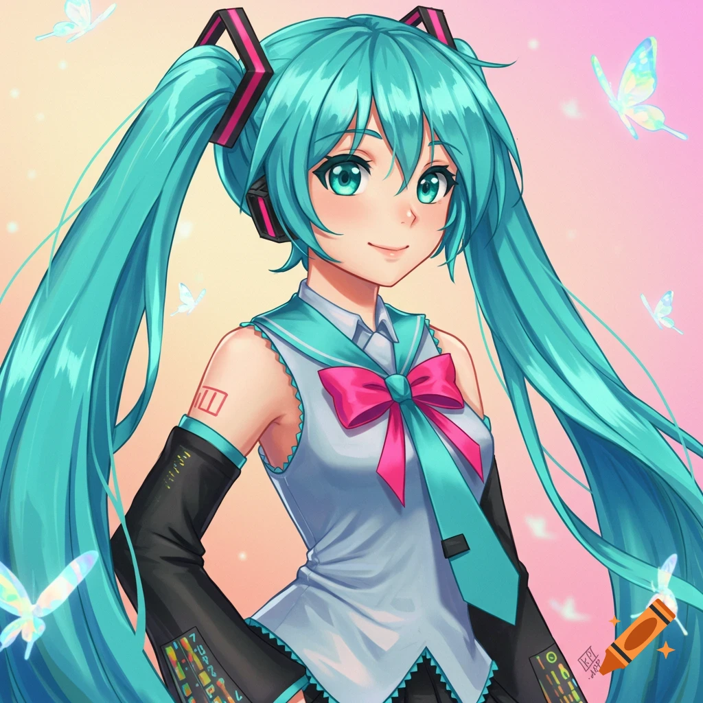 An anime illustration of Hatsune Miku with long teal pigtails, a white and teal outfit with a pink bow, surrounded by butterflies.