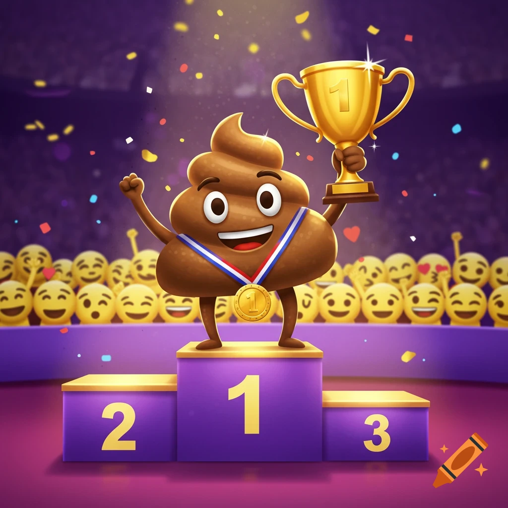 A happy brown poop emoji stands on the top step of a purple podium, holding a golden trophy and wearing a medal. Other smiling emojis are in the background.