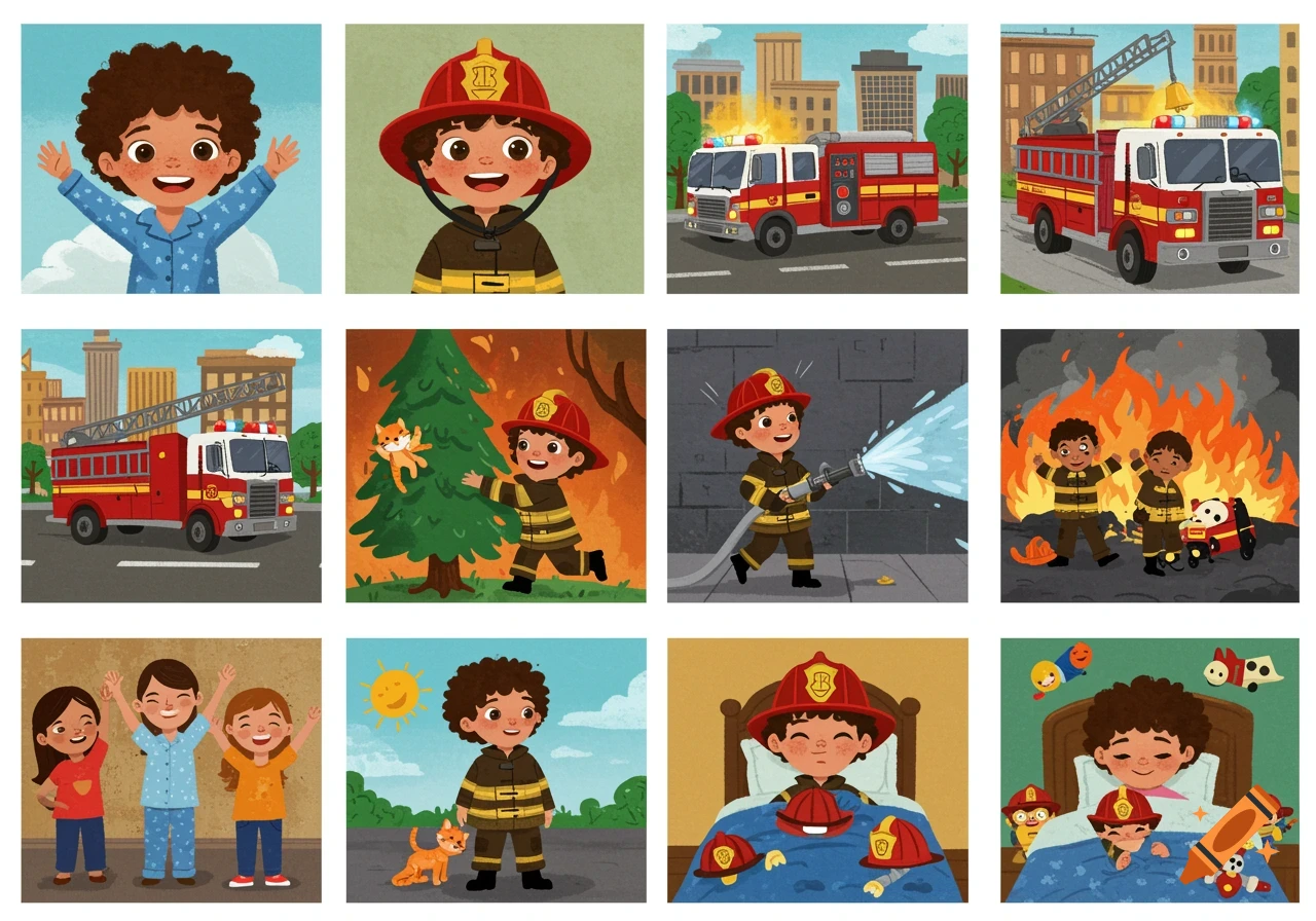A 12-panel cartoon illustration showing a boy dreaming of being a firefighter, with scenes of him in pajamas, as a firefighter, and with fire trucks.