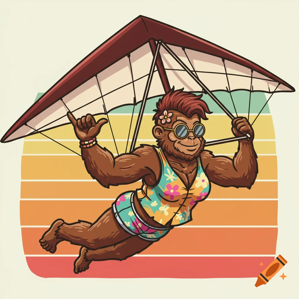 Cartoon female Sasquatch with a mohawk and sunglasses hang gliding against a retro striped background, making a shaka sign.