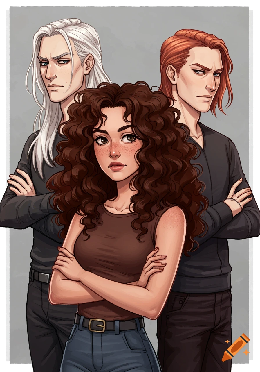A stylized illustration of a curly-haired brunette woman standing in front of two men with crossed arms, all looking angry. One man has long platinum hair, the other has short red hair.
