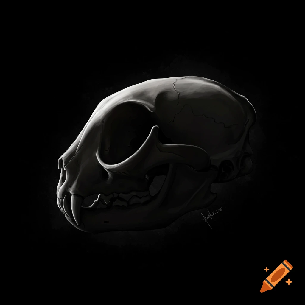 A detailed illustration of a cat skull in profile, highlighted by a subtle light against a dark background.