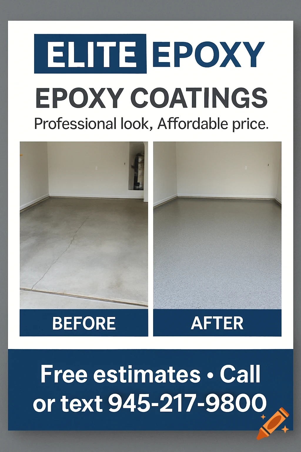 A digital flyer for Elite Epoxy Coatings, showing before and after images of a garage floor, with contact information.