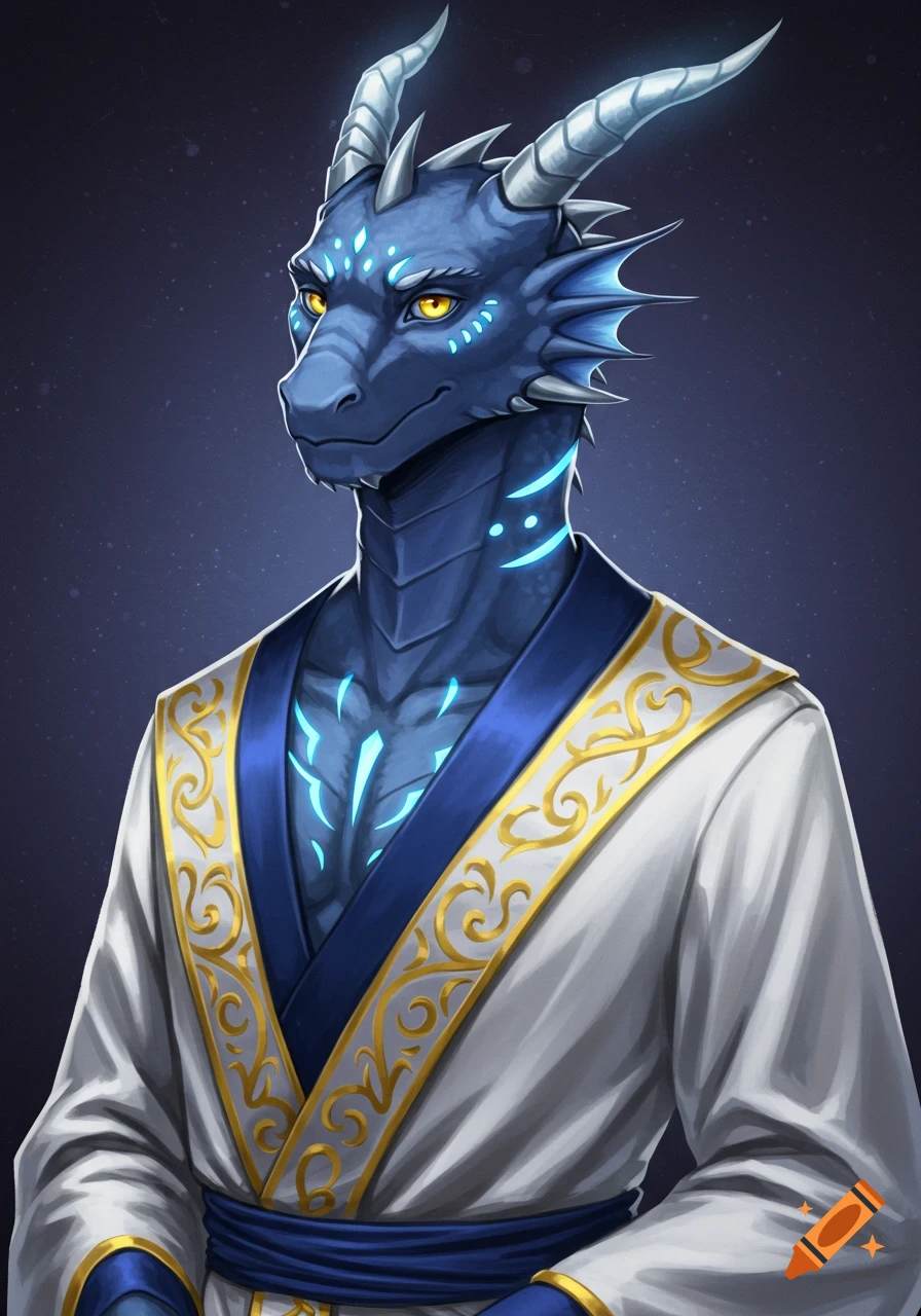 A blue anthropomorphic dragon with yellow eyes and glowing blue tattoos wears white and gold robes.