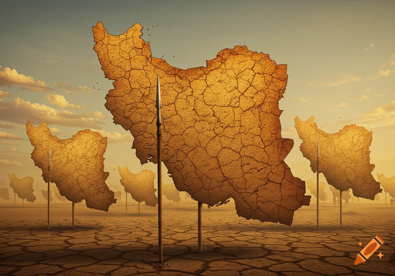 Cracked, dry maps of Iran on spears in a vast desert under a golden sky.
