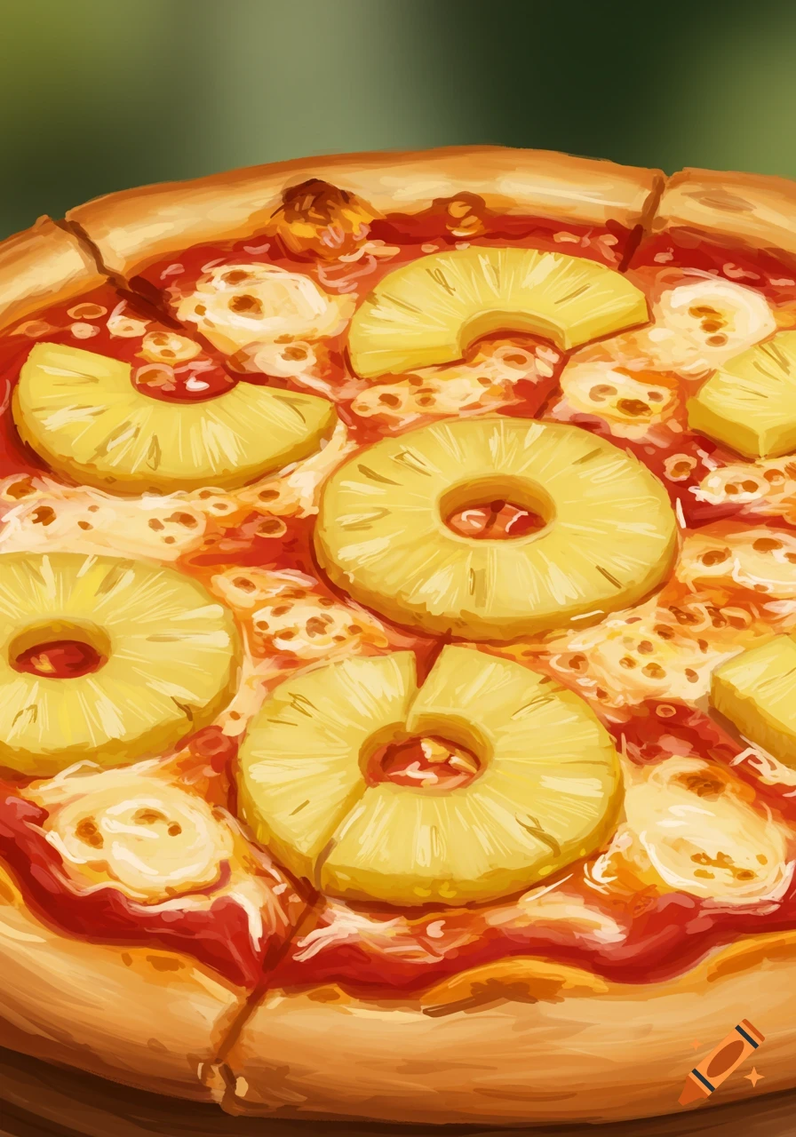 Close-up illustration of a pineapple pizza with melted cheese and large pineapple rings, cut into slices.
