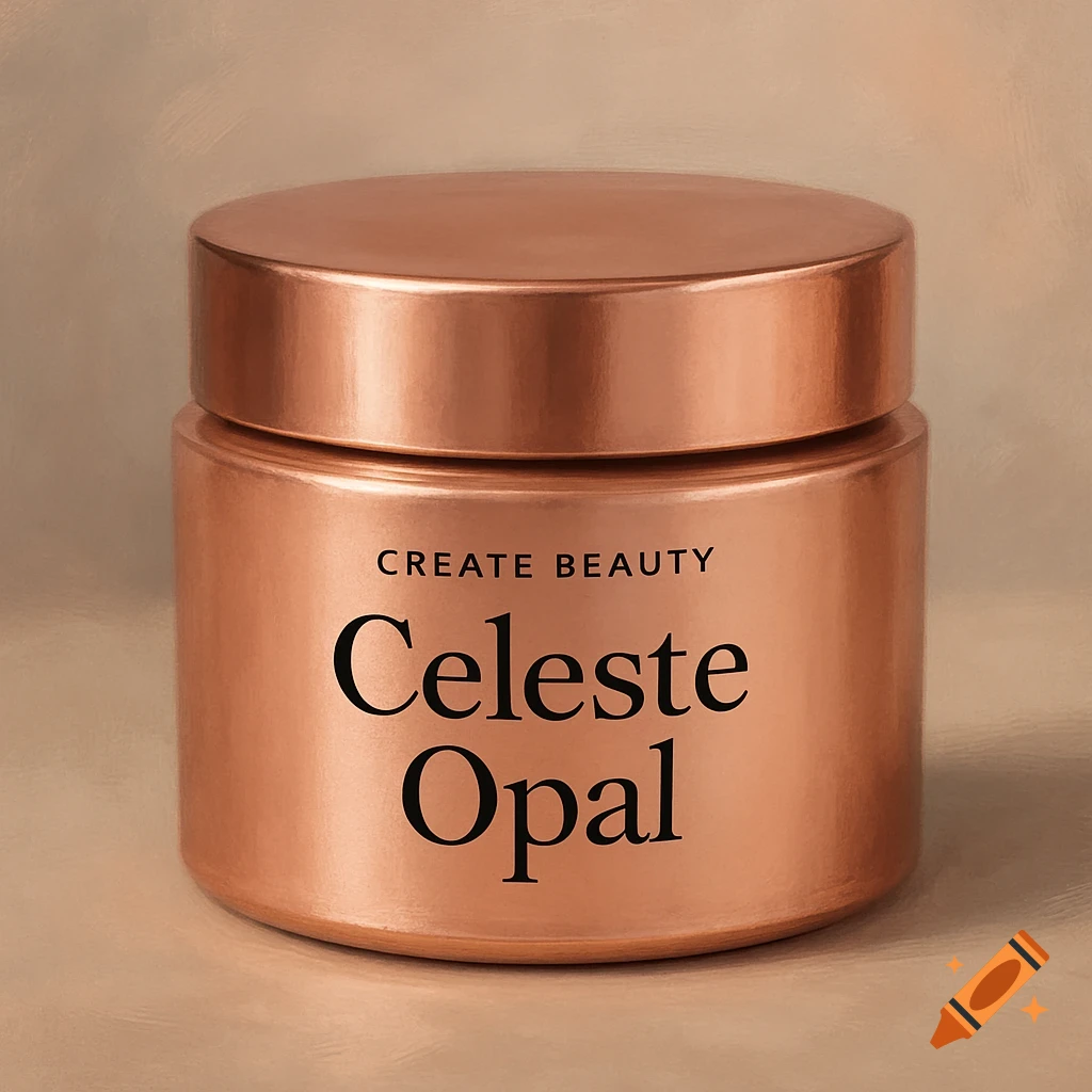 A rose gold beauty cream container with the words "CREATE BEAUTY" and "Celeste Opal" printed in black on its front.