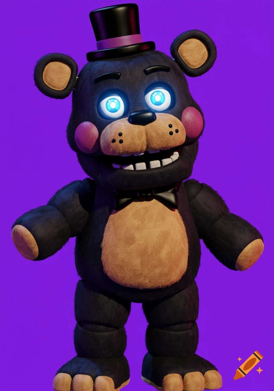 A black animatronic bear with glowing blue eyes, a top hat, and a bow tie, standing against a purple background.