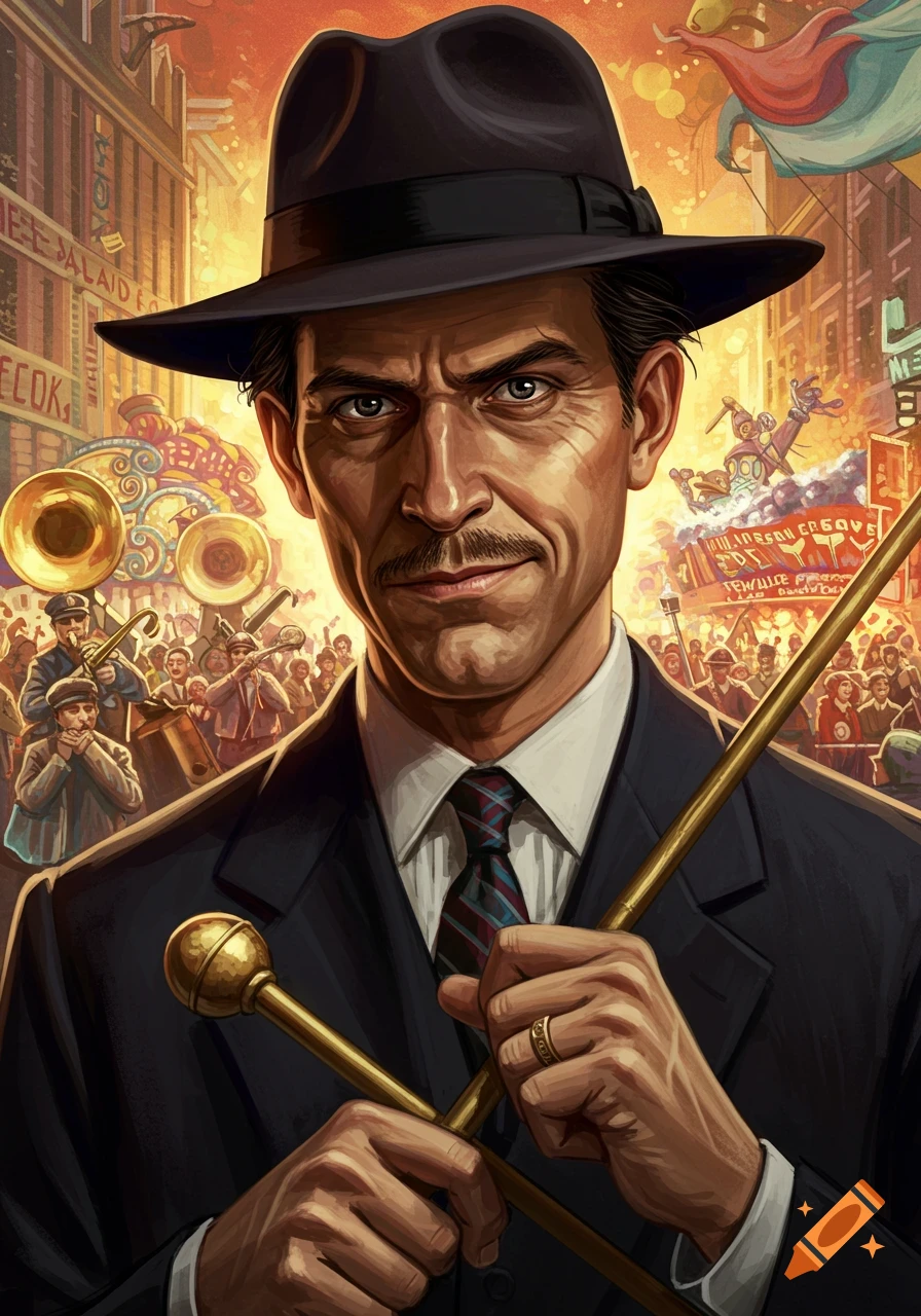A stylized portrait of a man in a black fedora and suit holding two canes, with a bustling, vibrant city scene and crowd in the background.