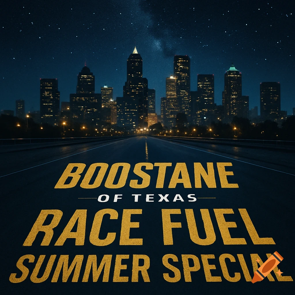 A night cityscape from a road with 'Boostane of Texas Race Fuel Summer Special' written on it, under a starry sky.