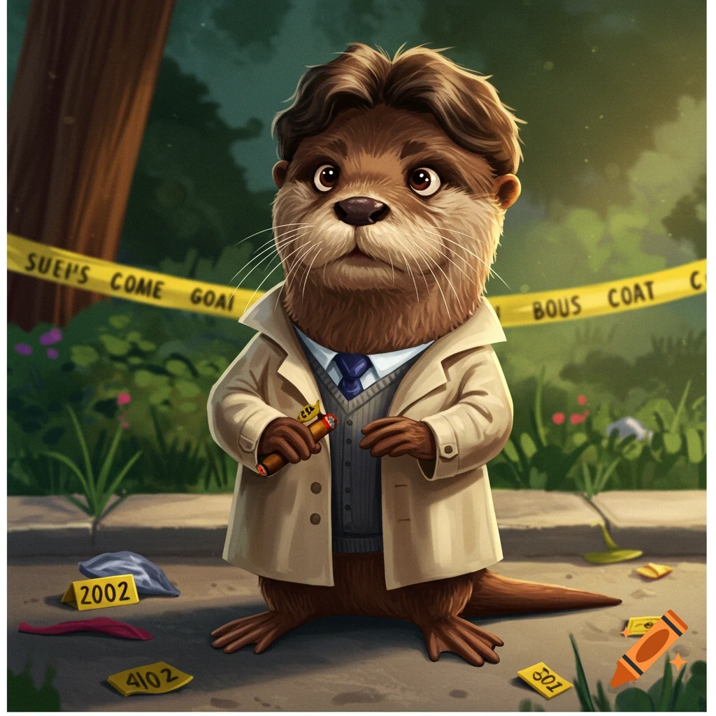 A cartoon otter dressed as a detective in a trench coat and tie, holding a cigar, standing at a crime scene.