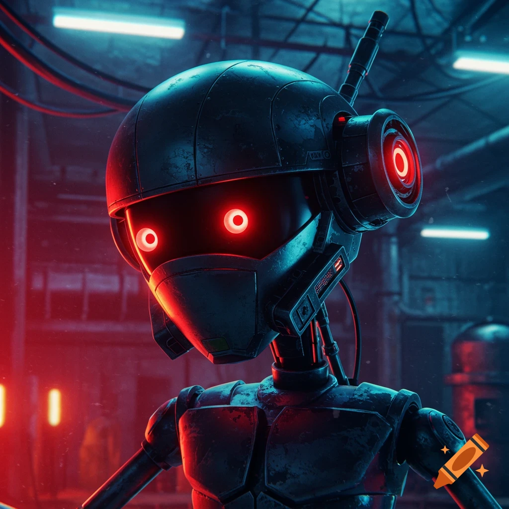 Close-up of a dark, metallic robot with glowing red eyes in a futuristic, industrial setting with blue and red lighting.