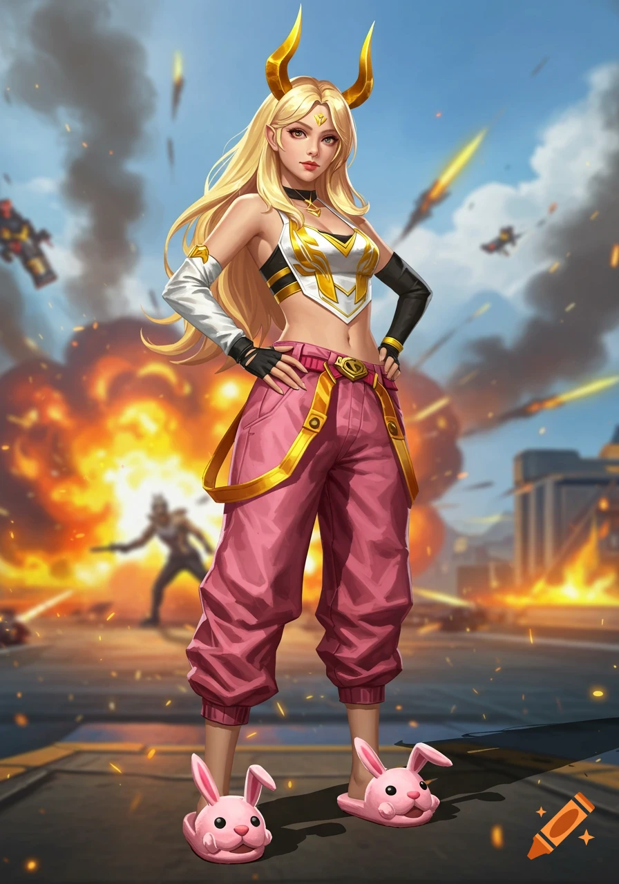Blonde female character with gold horns in a white and gold crop top, pink baggy pants, and bunny slippers, standing in an explosive, action-filled setting in an anime style.