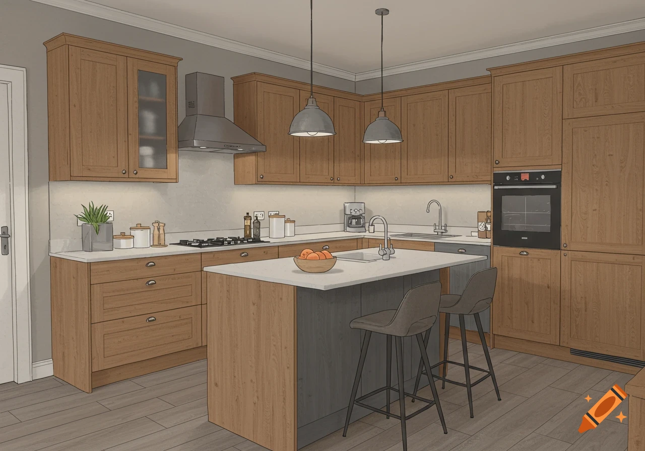 A modern renovated kitchen with warm wood cabinets, light stone countertops, a central island with bar stools, and various appliances, rendered in a clean, illustrative style.