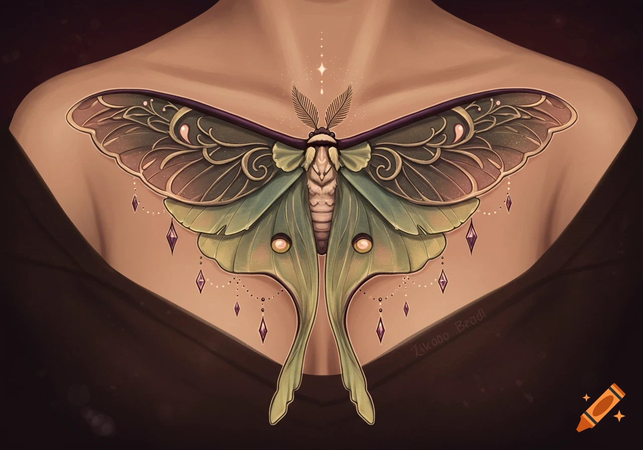A detailed luna moth tattoo with green wings, gold filigree, and dangling purple gems on a person's upper back.