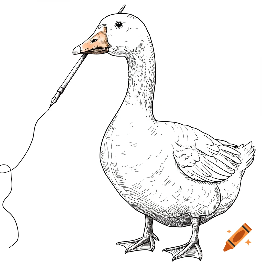 A line art drawing of a white goose holding a quill in its beak, on a white background.