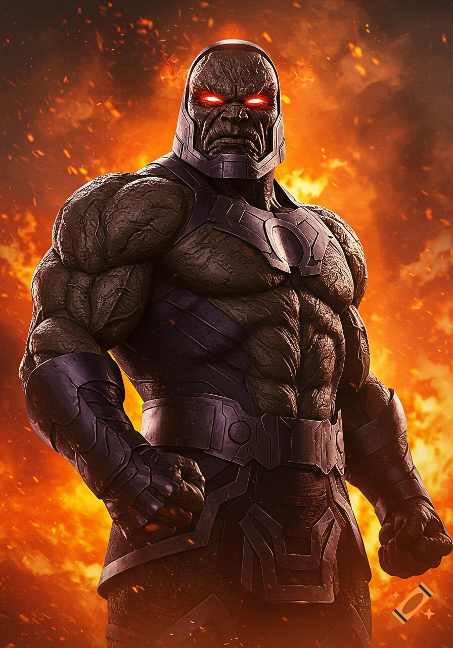 A powerful, muscular Darkseid with glowing red eyes stands against a fiery background, wearing dark armored attire.