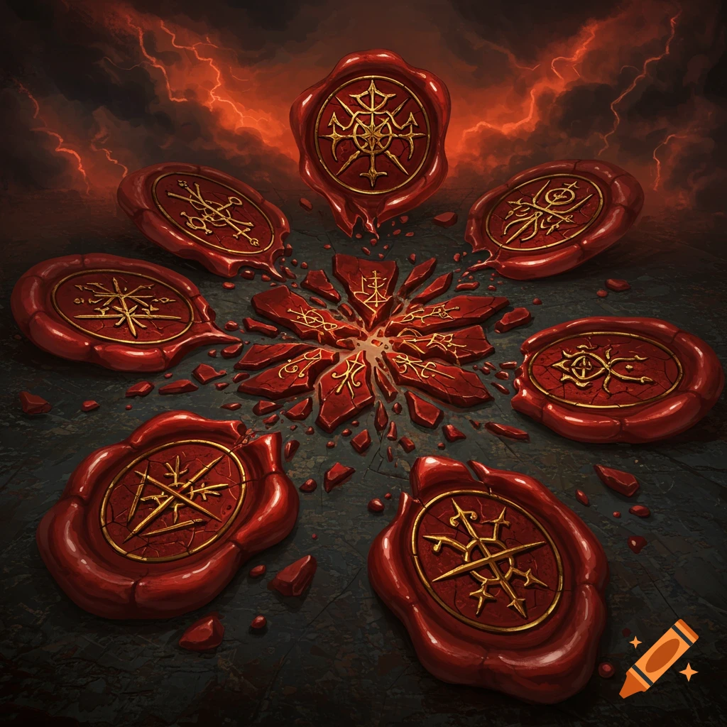 Seven red wax seals with intricate gold symbols, one shattered in the center, on a dark ground with a fiery red sky.