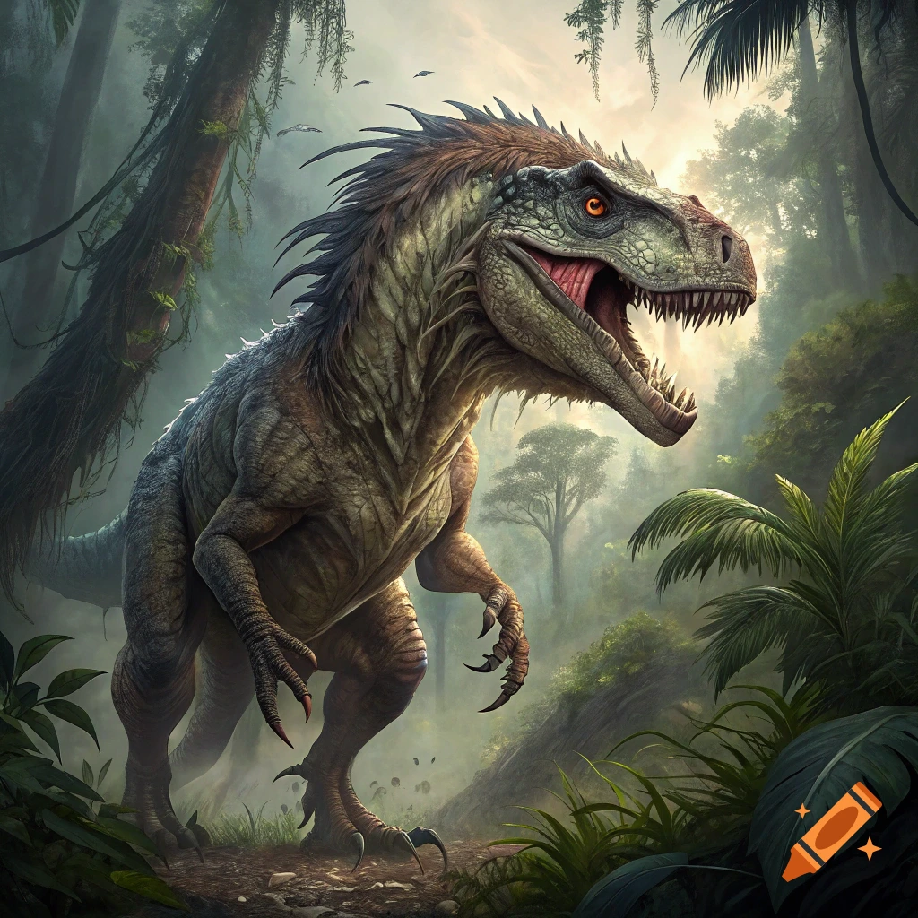 A large, green, scaly dinosaur-like creature with orange eyes and a spiky mane stands in a lush, misty jungle.