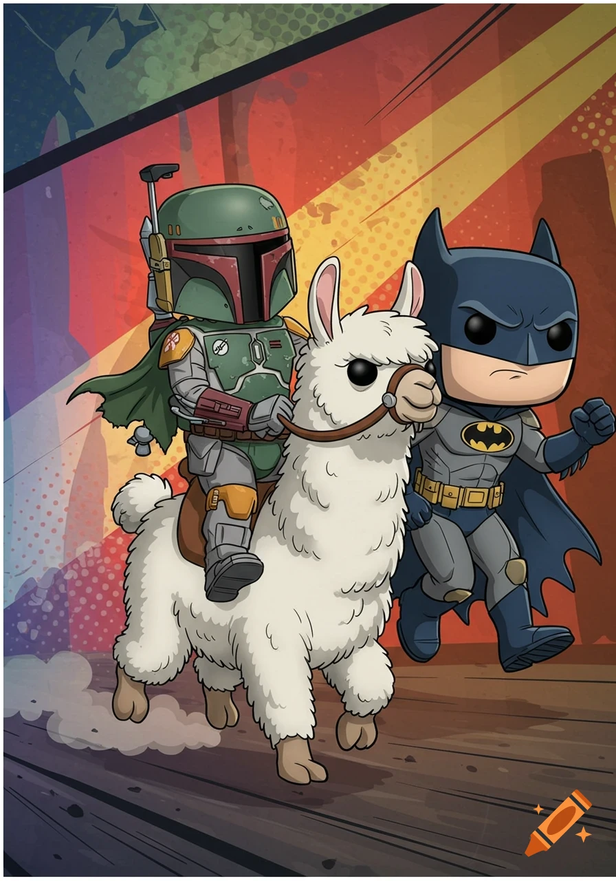 Boba Fett rides a llama, chased by Batman, in a vibrant Funko Pop cartoon style.